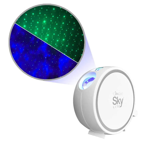 Sky Lite LED Laser Star Projector with green stars and blue nebula cloud projecting from white casing