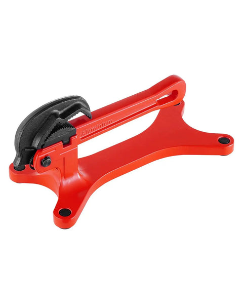 Portable Aluminum Pipe Vise for Onsite Plumbing Jobs, Ultra Lightweight Clamp Tool in red, side view, with 1/8 to 1-1/2 inch capacity.