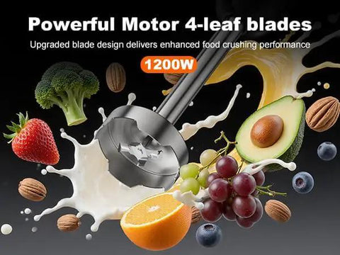 Badass Heavy Duty Immersion Blender With 20 Speed And Turbo Boost Copper Motor Handheld Kitchen Mixer Stainless Steel Blades Milk Frother Whisk Mini Chopper Real Game Changer For Creamy Smoothies And Soups Black blade with food ingredients like fruits and nuts splashing in liquid.