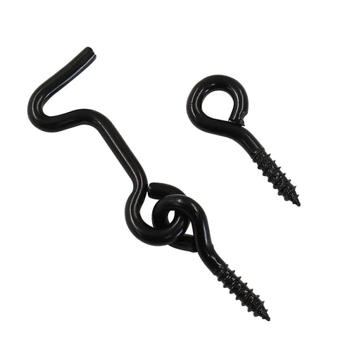 Heavy Duty Zinc Plated Carbon Steel Cabin Hook And Eye Latch In Matte Black with screws for secure cabinet closure.