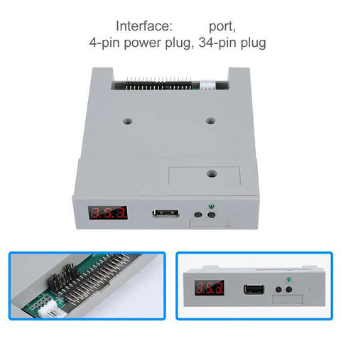 USB Floppy Drive Emulator 3.5 Inch 1.44 MB Plug And Play Disk Drive With Built In Memory For Fat16 Fat32 Fat12 Conversion And Auto Save On Shutdown Disk To USB 3.5 Inch SSD Emulator For Retro Computers gray housing with 34-pin and 4-pin connectors