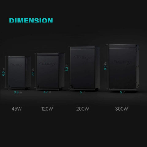 Product dimensions comparison showing 300 Watt Outdoor Landscape Lighting Transformer With Sensor And Weather Shield for various wattages.