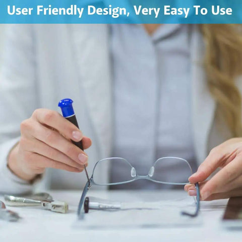 Person handling Rimless Glasses Repair Kit With Rubber Tip Plier Set For Frame Adjustment And Disassembly Tools For Eyewear Arms And Frames A Durable Optician Grade Repair Kit For Quick Gentle Scratch Free Adjustments.