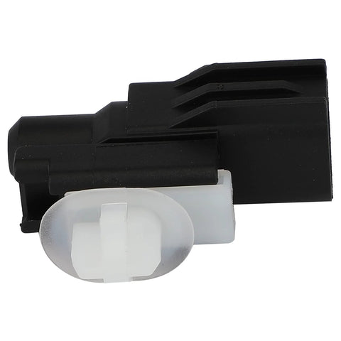 Automotive air temperature sensor, side view; black connector housing with white clip