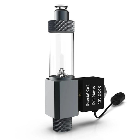 CO2 Solenoid Valve With Adapter For Desktop Aquarium CO2 System Kit Plug And Play Ready, silver finish, side view