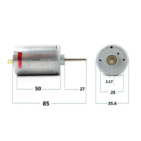 Side view of Mini RS 545 DC Motor 12V 18V 24V 8500RPM Carbon Brush Electric Motor, 36mm body, 27mm shaft dimensions shown