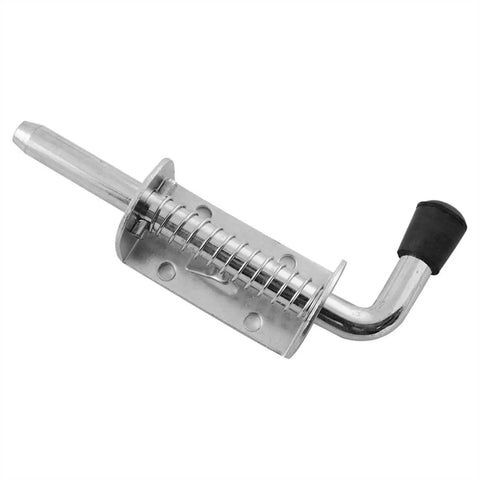 Stainless Steel Sliding Gate Latch Spring Loaded Locking Pin Barrel Bolt with curved handle and rubber tip for secure locking.