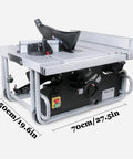 Portable Benchtop Table Saw With 5500 Rpm High Speed Motor showing a side view with dimensions, ideal for precise woodworking cuts.
