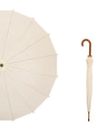 Wooden J Handle 40 Inch Golf Umbrella Windproof All Weather Auto Open 16 Rib Arc Vintage Cane Umbrella Classic Stick Wedding Cane White For Men And Women displayed closed and open top view showing 16 ribs and white canopy.