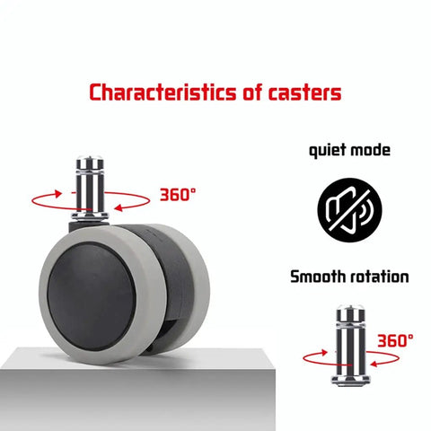 Five Piece Universal Office Chair Roller Set Heavy Duty Dual Wheel Casters Silent Swivel Glide design showing 360° rotation feature.