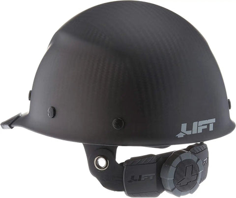 Cap Style Safety Hard Hat With Carbon Fiber Reinforced Shell Brim Grip Secure Fit Perforated Leather Comfort Dome EVA Foam Insert Top Cushion Oversized Ratchet Suspension For All Day Work Site Comfort, side view