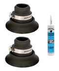 2 Pack Roof Collar Repair Boots For 1.5 To 2 Inch Vent Pipes With Silicone Sealant Included DIY Friendly Flexible Thermoplastic Rubber Roof Vent Flashing Collar Quick Leak Fix For Existing Roof Boots USA Made visible with two black thermoplastic rubber boots and a silicone sealant tube.