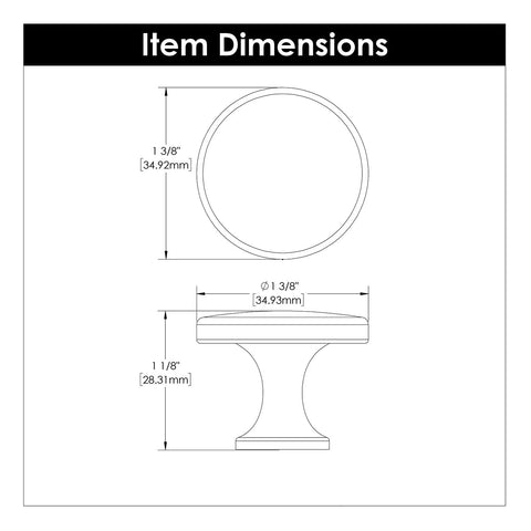 Solid Metal Core Cabinet Knobs And Dresser Knobs For Doors And Drawers One And Three Eighths Inch Black Iron Forge Collection Durable High End Hardware For Kitchens Bathrooms And Closets dimensions diagram showing size and measurements.