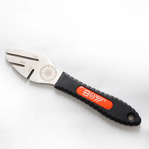 Bike Disc Rotor Truing Fork Tool for Mountain and Road Bikes with comfortable handle, three slot depths visible