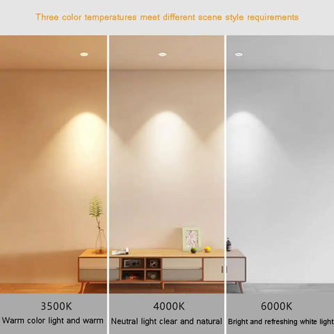 Top Shelf Led Recessed Downlights With 7W Cob Bulbs And 3.3 Inch Trim showing three color temperatures on walls.
