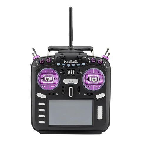 Front view of V16Max ELRS CNC Hall Gimbals RC Radio Transmitter with 16 Channels, 2.4G, Violet Mode 2, OpenTX EdgeTX Ready
