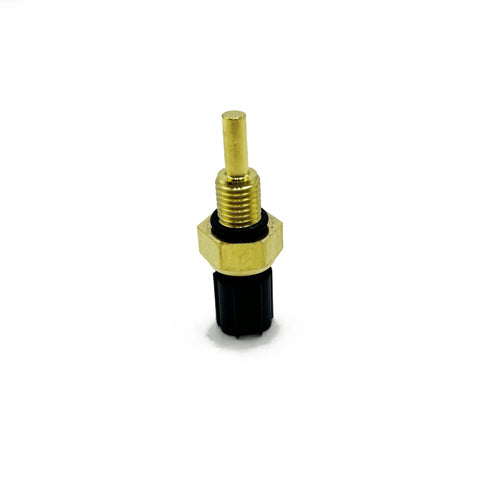 Engine coolant temperature sensor, brass threaded shaft with hex nut and black plastic connector, front view.