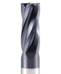 TiAlN-coated finishing end mill with helical flutes; M42 8% cobalt, close-up view
