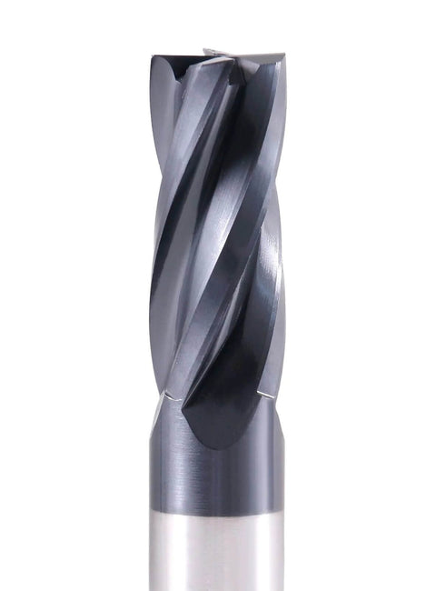 TiAlN-coated finishing end mill with helical flutes; M42 8% cobalt, close-up view