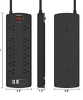 6-Foot Heavy Duty Extension Cord Power Strip With 12 AC Outlets And 4 USB Ports, 2700 Joules Surge Protector, ETL Listed, Black, Ideal For Home Office Dorms And Everyday Desk Setup, black 12-outlet power strip with USB ports and dimensions