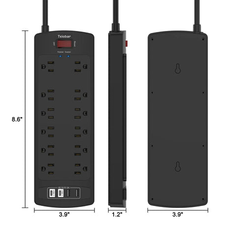 6-Foot Heavy Duty Extension Cord Power Strip With 12 AC Outlets And 4 USB Ports, 2700 Joules Surge Protector, ETL Listed, Black, Ideal For Home Office Dorms And Everyday Desk Setup, black 12-outlet power strip with USB ports and dimensions