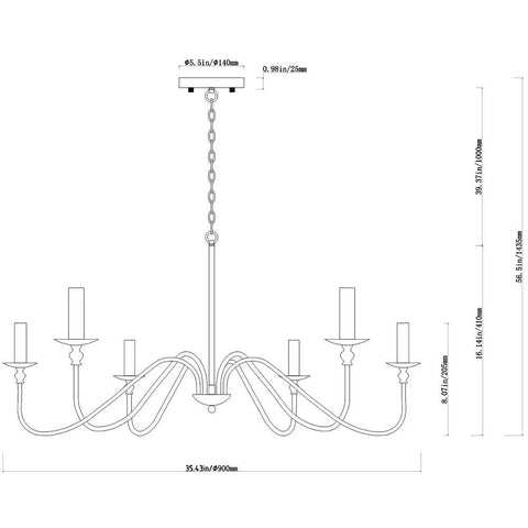 Diagram of Six Light Wrought Iron Farmhouse Pendant Chandelier With Classic Candle Style For Kitchen Island Dining Room, dimensions labeled