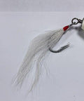 Close-up of a Glowing 4.5 Inch Wood Lure With Stainless Diving Lip Minnow Plug featuring hair-like tail and hook