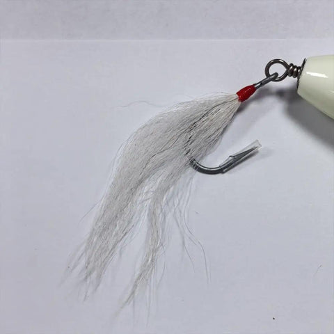 Close-up of a Glowing 4.5 Inch Wood Lure With Stainless Diving Lip Minnow Plug featuring hair-like tail and hook