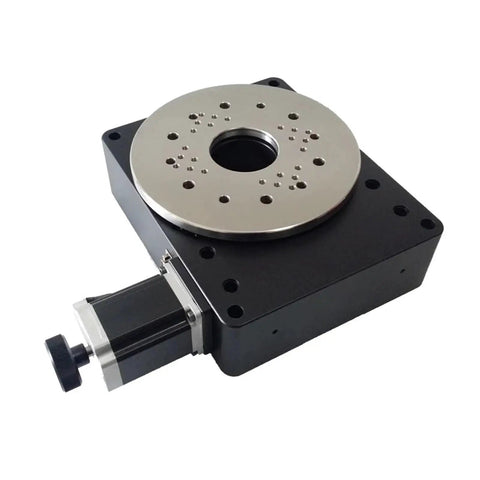 Rock Solid Motorized Rotary Stage With 360 Degree Spin And Reliable Worm Gear Drive On A Sturdy 100 Millimeter Base, featuring a metal surface and motor.