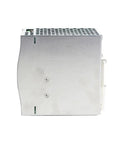 Beefy 480W 48V 10A Three Phase DIN Rail Power Supply With PFC Wide 340 To 550VAC Input Built In Short Circuit Overload Overvoltage And Over Temperature Protection Ideal For Semiconductor Manufacturing And Factory Automation. silver metal DIN rail power supply side view