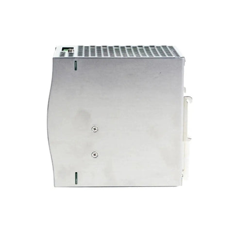 Beefy 480W 48V 10A Three Phase DIN Rail Power Supply With PFC Wide 340 To 550VAC Input Built In Short Circuit Overload Overvoltage And Over Temperature Protection Ideal For Semiconductor Manufacturing And Factory Automation. silver metal DIN rail power supply side view