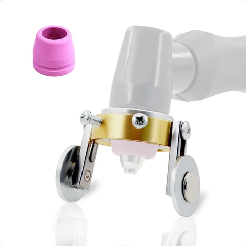 Slotted Cup Roller Guide Wheel Spacer Stand Off for Plasma Cutters shown attached to torch; compatible with CUT50, AG60.