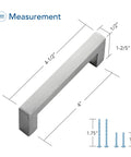 Image showing the measurements of 30 Pack 4 Inch Brushed Nickel Cabinet Pulls Square Handles For Kitchen Cabinets With 4 Inch Center To Center Mounting.
