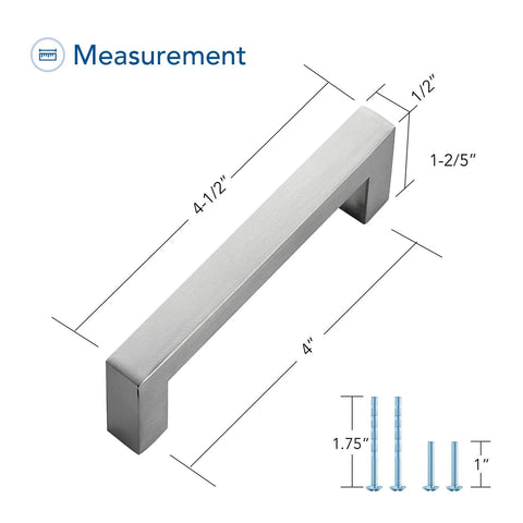 Image showing the measurements of 30 Pack 4 Inch Brushed Nickel Cabinet Pulls Square Handles For Kitchen Cabinets With 4 Inch Center To Center Mounting.