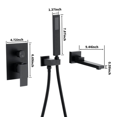 Matte Black Wall Mounted Bathtub Faucet Set With 180 Degree Swivel Spout Tub Filler With Hand Shower Single Handle