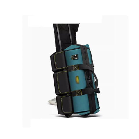 Side view of a 22 Inch Soft Tool Bag On Wheels Built From Thick Oxford Cloth With Firm Internal Partitions and easy glide rollers