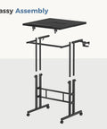 Exploded view of Split Top Rolling Standing Desk With Adjustable Height From 28 To 45 Inches Manual Lift Mobile Laptop Desk On Wheels Sit Stand Office Table For Home Office Black, components shown for easy assembly