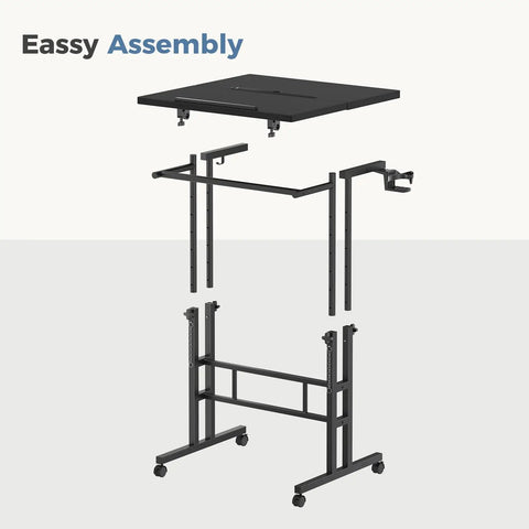 Exploded view of Split Top Rolling Standing Desk With Adjustable Height From 28 To 45 Inches Manual Lift Mobile Laptop Desk On Wheels Sit Stand Office Table For Home Office Black, components shown for easy assembly