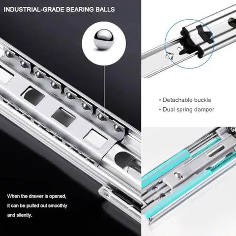 Heavy Duty Drawer Slides Featuring Full Extension Locking Runners With Bulletproof Ball Bearing Tracks And Zero Fuss Side Mount Rails showing industrial-grade bearing balls.