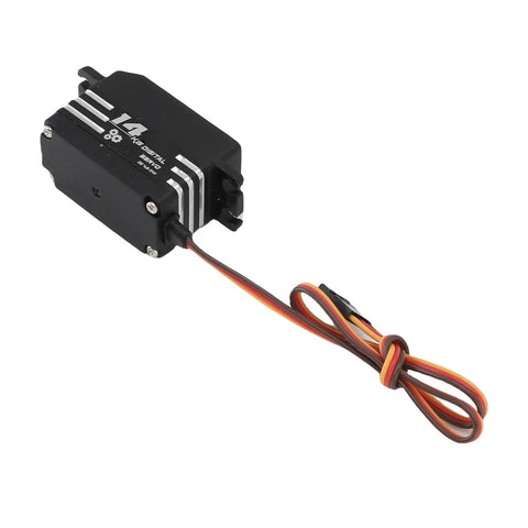 Heavy Duty Digital Servo Motor Packing Big Time 14 Kg Torque For Quick Response Rc Cars Boats And Robot Projects Featuring Dead Straight Accuracy And Rocksteady Reliability One Piece seen from the side with wiring.