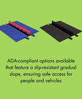 Two ADA-compliant drive over cable protectors, blue and black with slip-resistant surface for safety, accommodate 26,000 lb loads.