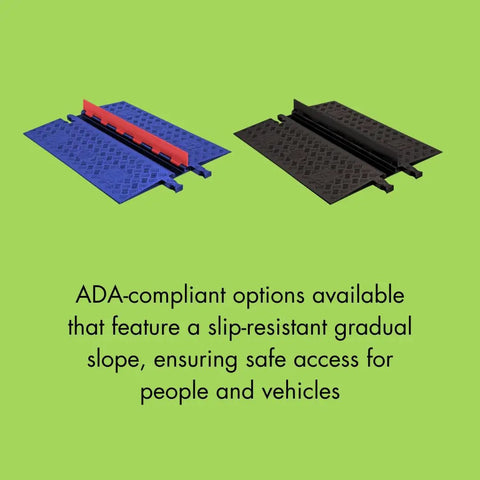 Two ADA-compliant drive over cable protectors, blue and black with slip-resistant surface for safety, accommodate 26,000 lb loads.