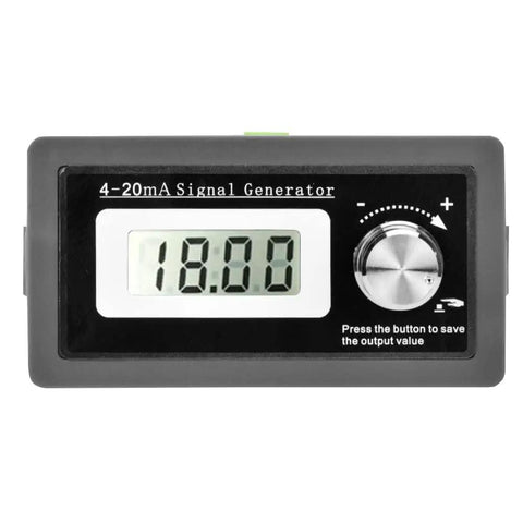 Two-Wire 4-20mA Loop Signal Generator With LCD Display showing 18.00 mA, black casing, extended 3-21mA range, calibrates PLCs.