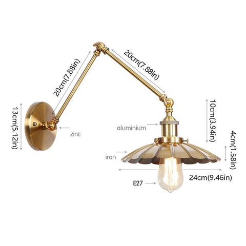 Dang Solid Industrial Wall Sconce With Adjustable Swing Arm And Vintage Bronze Metal Design For One Light E27 farmhouse decor close-up with dimensions.