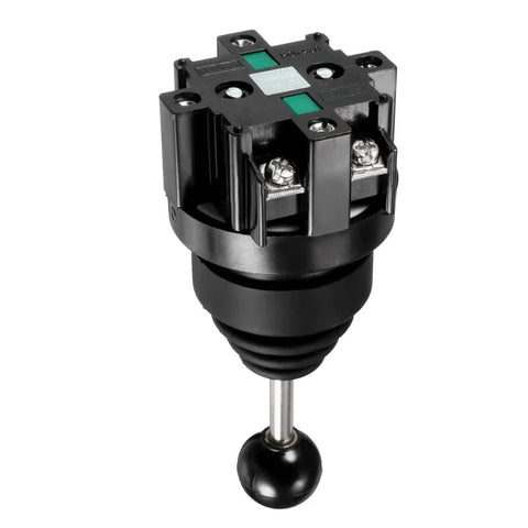 Two Position 2NO Momentary Joystick Switch For Panel Mount 30mm, 150V 250V 600V Rated, 15A 10A 4A with black base and handle.