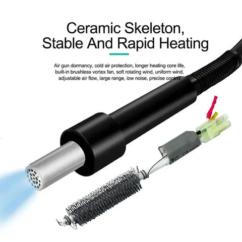 580W Digital Vortex Hot Air Rework Station with LCD Display Auto Sleep showing heating element and air nozzle