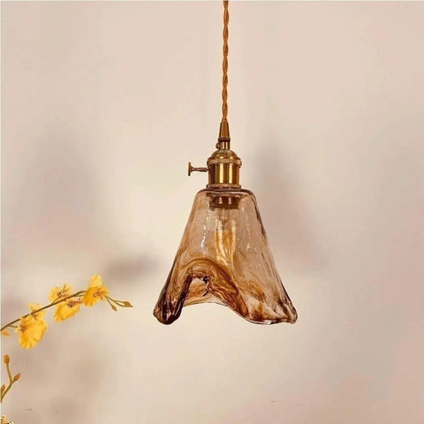 Pendant Light Amber Wavy Glass Shade Vintage Brass Hanging Lamp E26 Adjustable Cable Ceiling Fixture, showcased with floral decor.