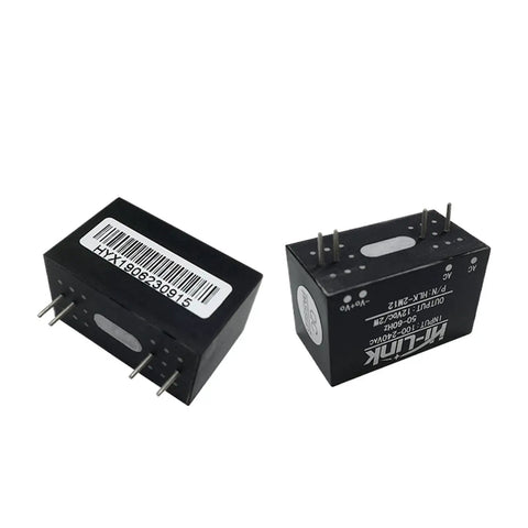 5 Pack Hlk 2M12 Ac To Dc Step Down Switching Power Supply Module showing two modules with pins, designed for 12V output, suitable for DIY projects.