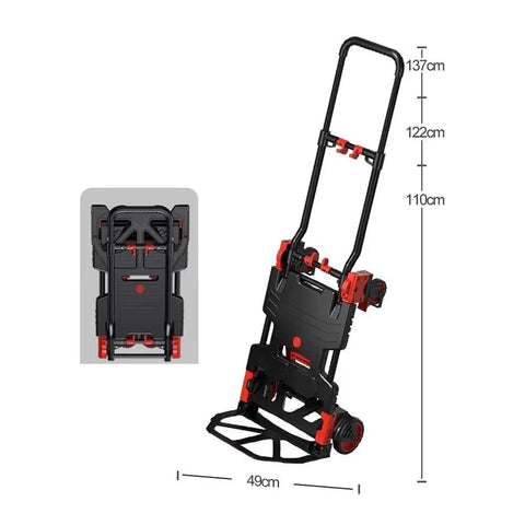 Versatile Folding Hand Truck Dolly For Home And Car Hauling, Converts From Flatbed To Trolley, Compact Portable Flatbed Hauler For Moving Luggage, Boxes, Groceries, And More., folded black and red metal hand truck dolly, 49cm wide, 137cm tall