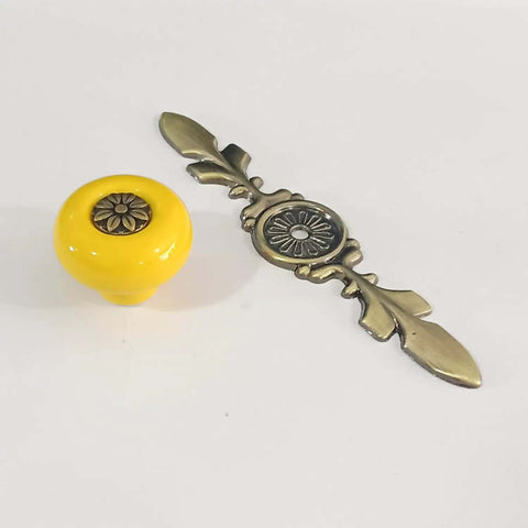 Dang Solid Vintage Ceramic Cabinet Knobs And Drawer Pulls 8 Pack Petal Design Zinc Alloy Back Plate Hardware For Kitchen Wardrobe With Easy Peasy Install - yellow ceramic knob with petal zinc alloy back plate.